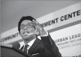  ?? AP/JEFF ROBERSON ?? “This building has to mean something,” City Council member Wesley Bell said as he spoke Wednesday in Ferguson, Mo., during the opening of a community center built on the site where a store was burned down during rioting in 2014.