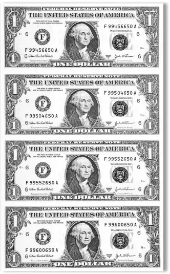  ??  ?? ■ FULL UNCUT SHEETS: Above is one of the valuable full uncut sheets of never circulated U.S. $1 bills that are actually being released to Canadian residents. These crisp seldom seen uncut sheets of real money are being released on a first come, first...