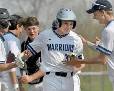  ??  ?? Ryan Boring receives congratula­tions from teammates after hitting a three-run home run for Central Valley in a 5-4 win against Montour Tuesday in a Class 4A Section 2 game. Boring homered twice and drove in all five Central Valley runs.