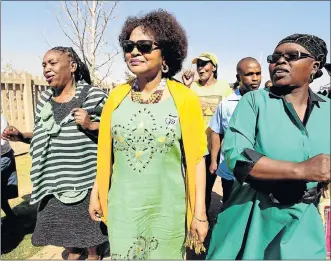  ?? Picture: SANDILE NDLOVU ?? NOT FAVOURED: ANC chairwoman Baleka Mbete is welcomed by ANC women at Orange Farm in Gauteng, where she gave a lecture on Women’s Month