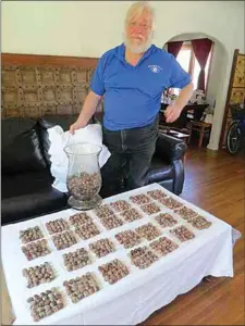  ?? COURTESY OF TINA CUNNINGHAM ?? Kiwanis Club of Tehachapi board member Jonathan Hall with 28 squares of 25 acorns each = 700. The first batch of 700 is in the jar.