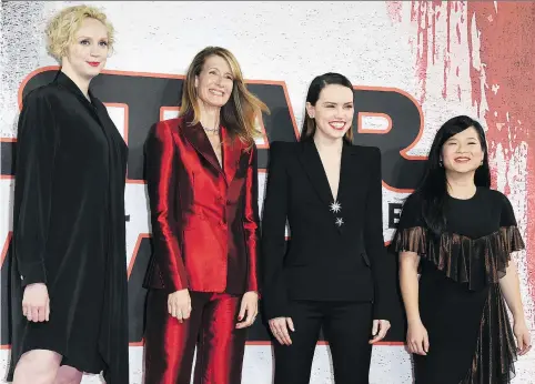  ?? STUART C. WILSON/GETTY IMAGES ?? Gwendoline Christie, left, Laura Dern, Daisy Ridley and Kelly Marie Tran are among the strong — and feminine — female forces to be reckoned with in Rian Johnson’s new sci-fi adventure Star Wars: The Last Jedi.