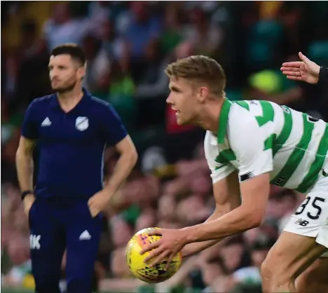  ??  ?? Neil Lennon remonstrat­es during Celtic’s 5-0 victory over Nomme Kalju in the east end of Glasgow on Tuesday night.