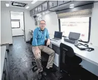  ?? MATHEW MCCARTHY WATERLOO REGION RECORD ?? Dr. Chris Steingart sits in the Sanguen mobile health clinic at RIM Park on Thursday. The clinic wll bring primary care directly to people in need throughout Waterloo Region.