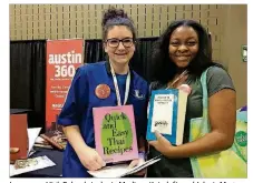  ??  ?? Lampasas High School students Madison Kajs, left, and Jelecia Magee were among the students who were able to select books to match their interests. Kajs selected “Quick and Easy Thai Recipes” because she wants to surprise her mom with Thai food; Magee...