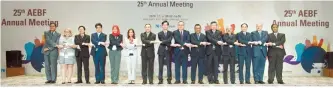  ?? Courtesy of Eximbank ?? Export-Import Bank of Korea (Eximbank) CEO Bang Moon-kyu, center, joins hands with executives of export credit agencies from 15 countries during the 2019 Asian EXIM Banks Forum at the Shilla Hotel Jeju, Wednesday.