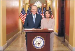  ?? ALEX BRANDON/ASSOCIATED PRESS ?? House Speaker Nancy Pelosi of California and Senate Minority Leader Chuck Schumer of New York after they spoke on Capitol Hill in response to President Donald Trump’s prime-time address on border security on Tuesday.