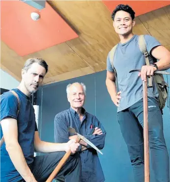  ?? Photo / Oliver Cunnane ?? Cameron Smith, Matt Kambic, and Jericho Nicodemus during rehearsal for Beekeeper — Summit on Everest.
The Sherpa & the