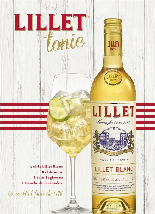  ??  ?? 5 cl de Lillet Blanc 10 cl de tonic 1 bain de glaçons 1 tranche de concombre