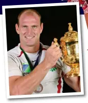  ??  ?? Links: Lawrence Dallaglio with his wife Alice and posing i with ithth the World W ldC Cup t trophy h i in 2003. Inset right, the raided London brothel which had receipts from his bank account