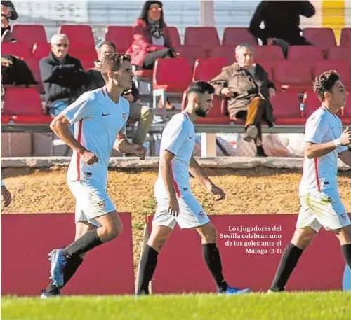  ?? SEVILLA F.C. ?? Los jugadores del Sevilla celebran uno de los goles ante el Málaga (3-1)