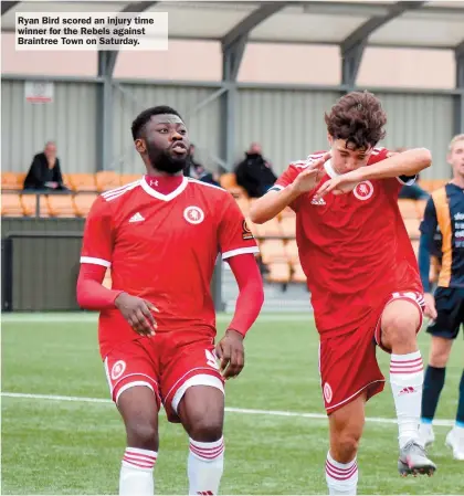  ??  ?? Ryan Bird scored an injury time winner for the Rebels against Braintree Town on Saturday.