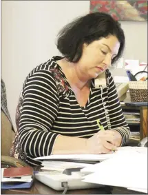  ?? Brodie Johnson • Times-Herald ?? The Forrest City Advertisin­g and Promotion Committee held a phone poll this morning where members approved two requests for support. Chamber of Commerce manager Sheila Lieblong takes down answers as she works her way through the phone poll this morning.