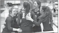  ?? NWA Democrat-Gazette/J.T. WAMPLER ?? Springdale Har-Ber players celebrate a point Tuesday during a match against Fayettevil­le at Wildcat Arena in Springdale. Har-Ber won the match in five sets.