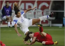  ?? CHRIS CARLSON — AP FILE PHOTO ?? Costa Rica's Raquel Rodriguez, top, will lead her team into today's CONCACAF Gold Cup quarterfin­als against Canada at BMO Stadium.