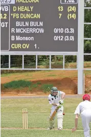  ??  ?? A watchful Fraser Duncan defends in front of Buln’s new scoreboard on Saturday.