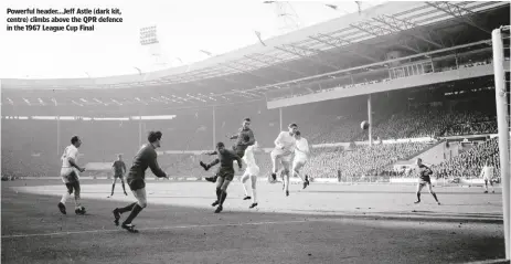  ??  ?? Powerful header...Jeff Astle (dark kit, centre) climbs above the QPR defence in the 1967 League Cup Final