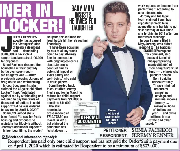  ??  ?? Renner tried to cut payments to $11,000 a month
