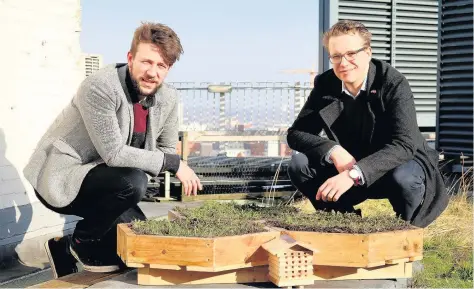  ??  ?? > Jack Tasker, left, and Henry Tonks from Colmore BID with the rooftop bee garden above Colmore Square