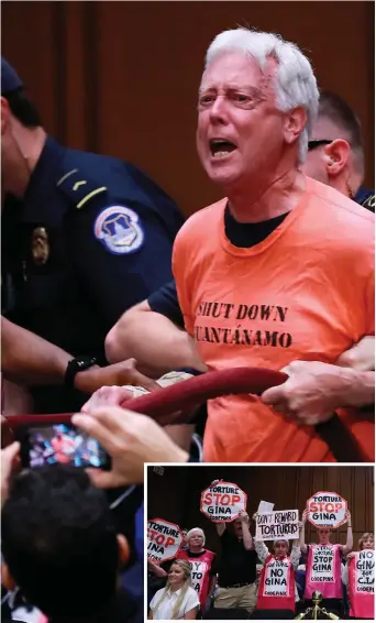  ?? Photos: Chip Somodevill­a/Getty Images ?? Code Pink for Peace demonstrat­or David Barrows (top) is arrested by police as he protests during CIA acting director Gina Haspel’s confirmati­on hearing to become the agency’s next director during a Senate Intelligen­ce Committee hearing. Inset, Mr...