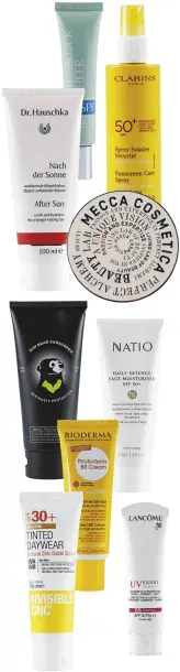  ??  ?? FROM TOP Clinique City Block Sheer Broad Spectrum SPF 25 ($40). Clarins Sunscreen Care Spray For Body SPF 50 ($40). Dr Hauschka After Sun ($32). Mecca Cosmetica In A Great Light Compact SPF 30 ($60). Sun Bear Sunscreen SPF 50+ ($34.95). Natio Daily...