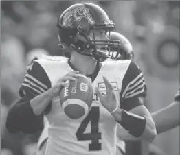  ??  ?? Ticats quarterbac­k Zach Collaros, pictured, was pulled in the third quarter in favour of backup Jeremiah Masoli, having completed 14 of his 21 passes for 102 yards and a pick six.