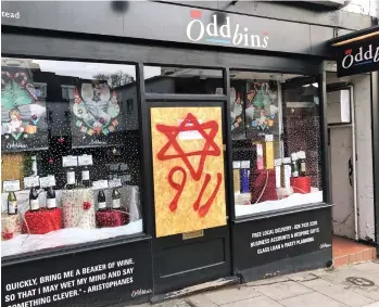  ??  ?? Sickening: An off-licence sprayed with 9/11 hate conspiracy theory in Hampstead