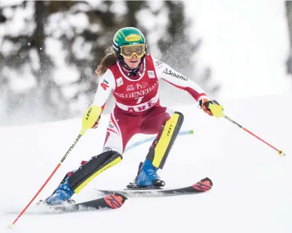  ??  ?? Austria's Katharina Liensberge­r competes in the first run of a Women's slalom Alpine World Cup ski race in Are, Sweden