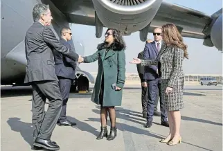  ?? /Mark Schiefelbe­in/Reuters ?? Shuttle diplomacy: US secretary of state Antony Blinken is welcomed by Herro Mustafa Garg, left, US ambassador to Egypt, and Sarah Henry from the ministry of foreign affairs on Tuesday.