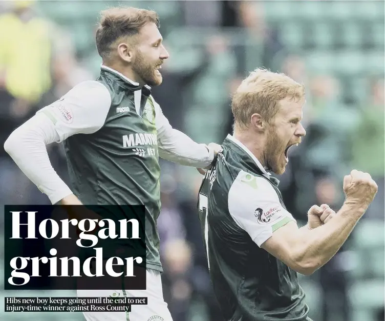  ??  ?? 0 Daryl Horgan celebrates after scoring Hibs’ late winning goal as they defeated Ross County 3-2 at Easter Road yesterday, to reach the quarter-finals of the Betfred Cup and a date with Aberdeen.