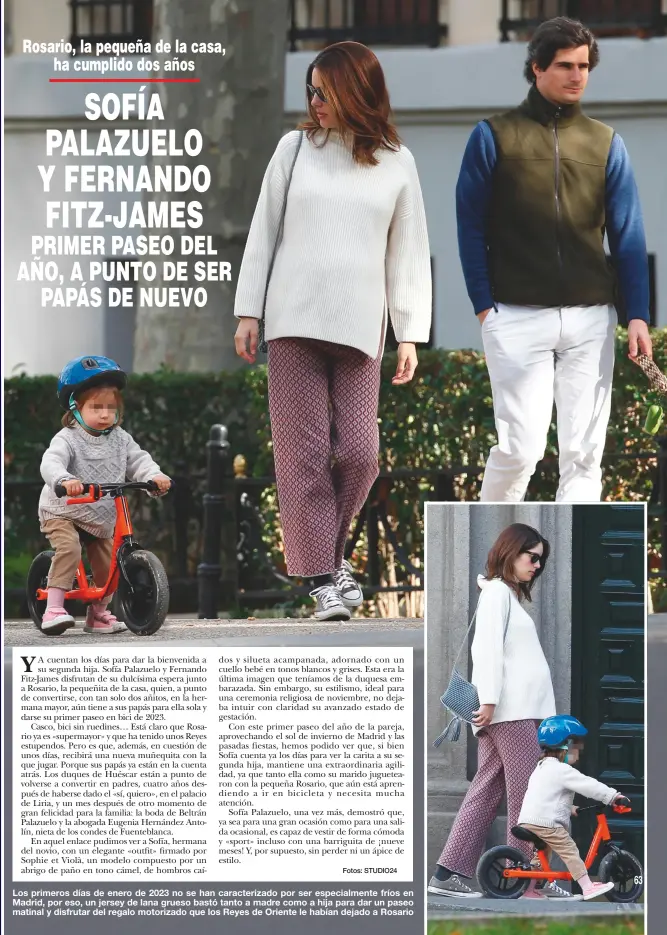  ?? Fotos: STUDIO24 ?? Los primeros días de enero de 2023 no se han caracteriz­ado por ser especialme­nte fríos en Madrid, por eso, un jersey de lana grueso bastó tanto a madre como a hija para dar un paseo matinal y disfrutar del regalo motorizado que los Reyes de Oriente le habían dejado a Rosario