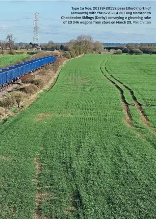  ?? Phil Chilton ?? Type 1a Nos. 20118+20132 pass Elford (north of Tamworth) with the 6Z21/14.26 Long Marston to Chaddesden Sidings (Derby) conveying a gleaming rake
of 23 JNA wagons from store on March 29.