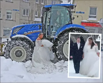  ??  ?? Donna Hevey arrives at the Cathedral in a tractor and inset: with her new husband Sebastian Kearney.