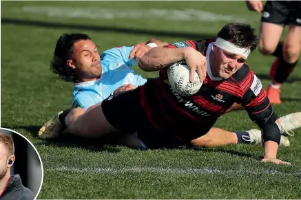  ?? GETTY ?? Canterbury hooker Brodie McAlister crashes over against Northland yesterday. Team-mate Braydon Ennor, left, is sweating on an injury ahead of the All Blacks squad naming today.