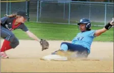  ?? GENE WALSH — DIGITAL FIRST MEDIA ?? North Penn’s Elia Namey slides into second for a double near Parkland’s Jenna Lehr Thursday.