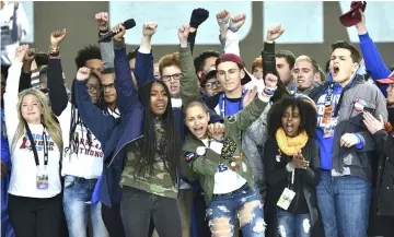  ??  ?? Gonzalez (centre) gathers with other students on stage during the March for Our Lives Rally in Washington, DC. — AFP photo