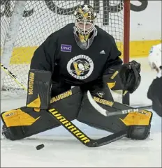  ?? Matt Freed/Post-Gazette ?? Tristan Jarry spent time on the ice Wednesday morning fielding shots during an optional skate in New York.