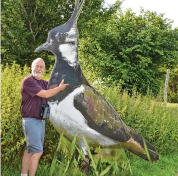  ??  ?? Franz Maier, Delegierte­r des Landesbund­es für Vogelschut­z, steht vor einem überdimens­ionalen Kiebitz in seinem Garten in Reg glisweiler.