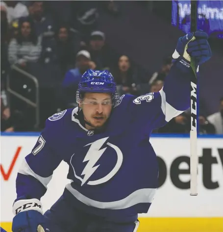  ?? CHRIS O'MEARA/THE ASSOCIATED PRESS ?? Tampa Bay Lightning centre Yanni Gourde celebrates after scoring against the New York Islanders during the second period in Game 7 of the Stanley Cup semifinal in Tampa. The goal stood up as the difference in Tampa's 1-0 series-clinching victory.