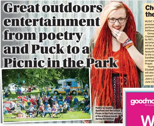  ?? ?? Poetry by Sophie Sparham and the annual Picnic in the Park are two of the al fresco events during the festival