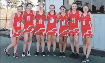  ?? Picture: RAELENE JOHNSTON ?? UNITED: Taylors Lake’s top netball side ran onto the court last week with three sets of sisters in its team for a bout against Pimpinio. From left, Isabelle and Harriet Overman, Emmy, Hannah and Lilly Weir, and Chloe and Kayla Kelm play in Taylors Lake’s B Grade side, with the club not fielding an A Grade side in 2022.