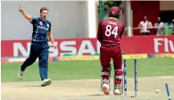  ?? AP ?? West Indies batsman Keemo Paul is clean bowled by Scotland’s Brad Wheal in the cricket World Cup qualifier match. —