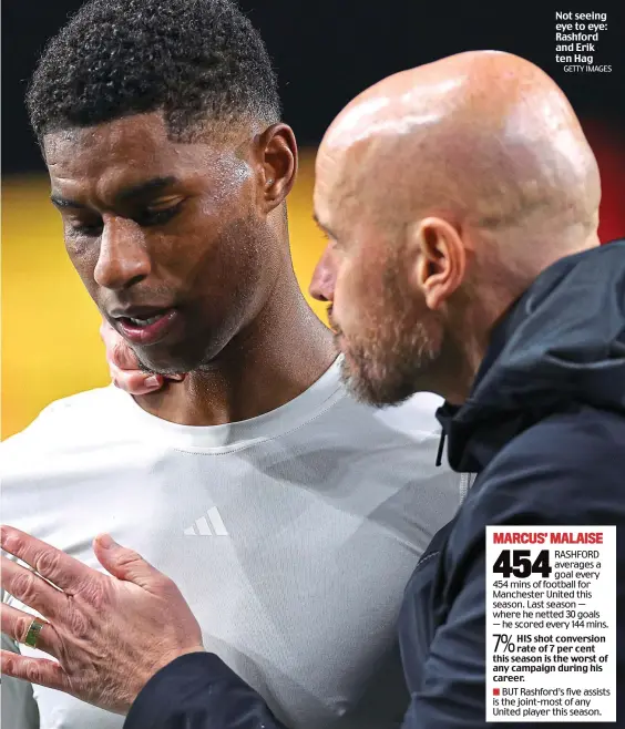  ?? GETTY IMAGES ?? Not seeing eye to eye: Rashford and Erik ten Hag