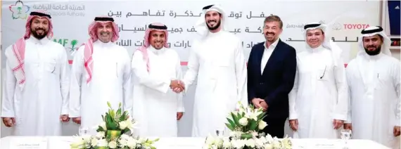  ??  ?? The agreement was signed by Prince Khalid S. Al-Faisal, Abdullah S. Bakhashab, and Hassan Jameel at the Saudi Automobile Federation headquarte­rs in Jeddah.