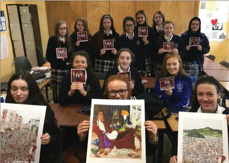  ??  ?? Ms Carty’s 5th year English class, Mercy College, during a questions and answers session with Annie West, artist on her “Yeats in Love” series