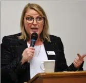  ??  ?? Guest speaker Lindsay Gates talks about barriers to gender equality from a legal perspectiv­e during the Internatio­nal Women's Day celebratio­n, March 6.