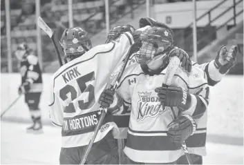  ?? [VERONICA REINER / THE OBSERVER] ?? The Sugar Kings celebrate their lone goal against the Siskins during Sunday’s matchup at the Waterloo Memorial Recreation Complex.