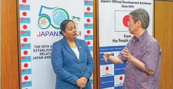  ?? Photo: Leon Lord ?? Minister for Local Government, Housing and Community Developmen­t Premila Kumar with Japanese Charge d’Affairs, Hada Tsuguyoshi after the grant contract signing in Suva on January 11, 2021.