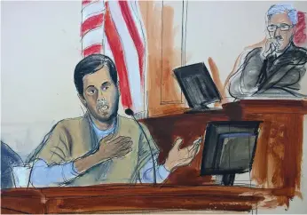  ?? AP ?? Turkish-Iranian gold trader Reza Zarrab tells the court how he helped Iran evade US economic sanctions with help from Turkish banker Mehmet Hakan Atilla