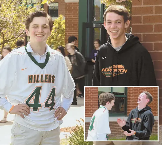  ?? STAFF PHOTOS BY MATT WEST ?? THERE FOR EACH OTHER: Hopkinton lacrosse player Connor Murphy, left, used the Heimlich maneuver to save choking teammate Pat Barnes, right, at a team dinner last week.